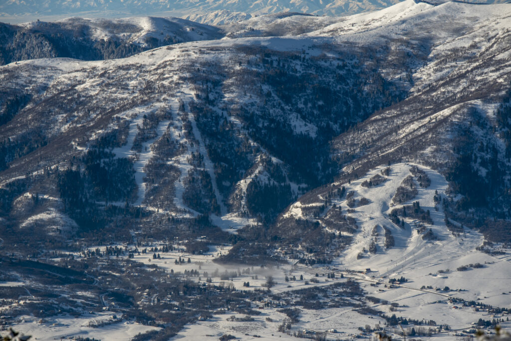 Nordic Valley Aerial view showing snow covered ski trails