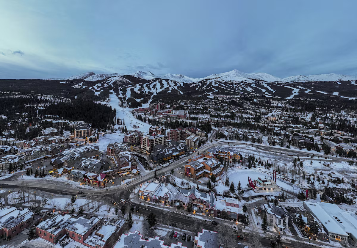 Breckenridge town and slopes with mountains and high alpine terrain visible