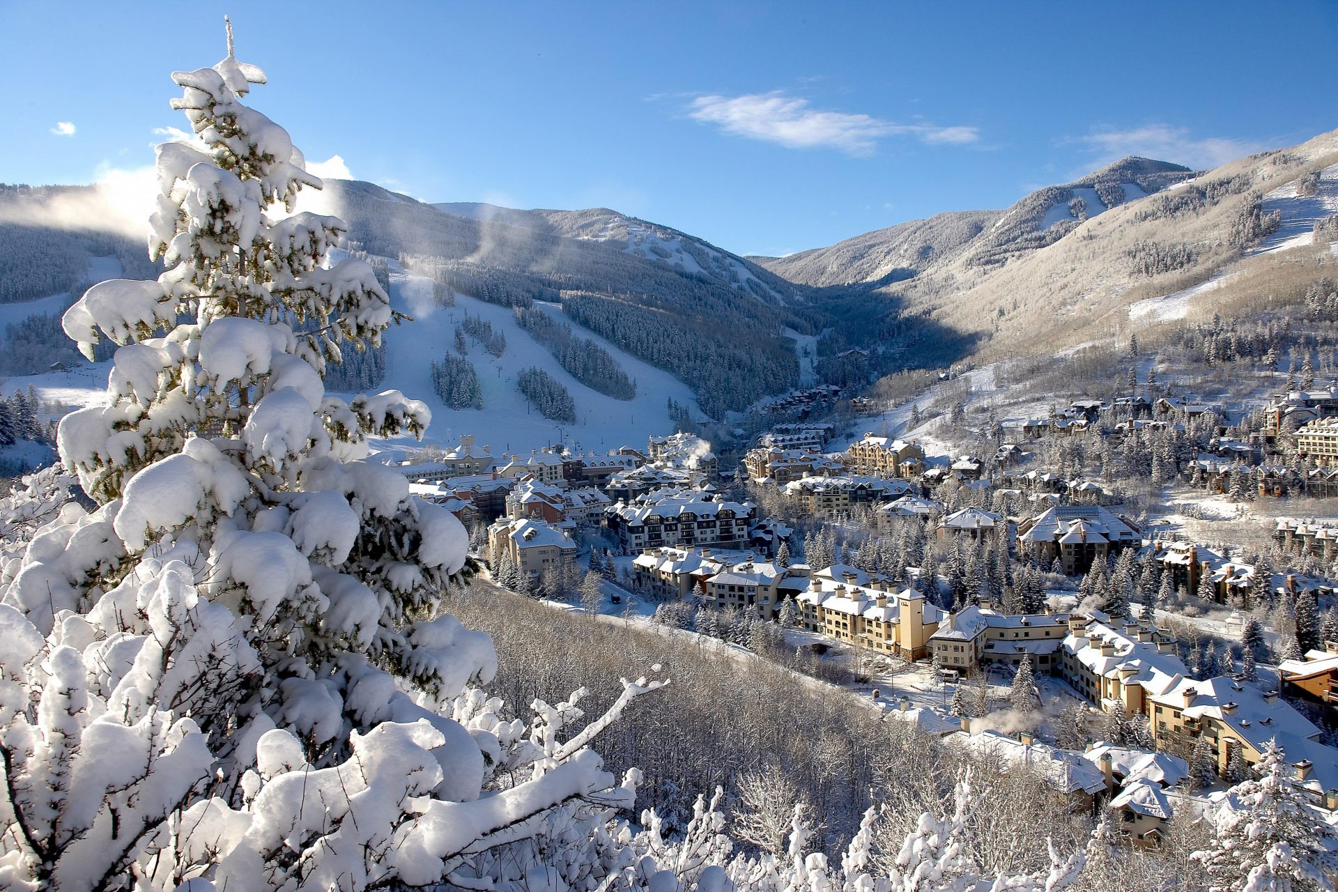 Beaver Creek from high mountain view in the winter with views of the slopes and village