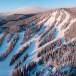 Aerial view of Eldora ski resort with cut and groomed snow covered trails