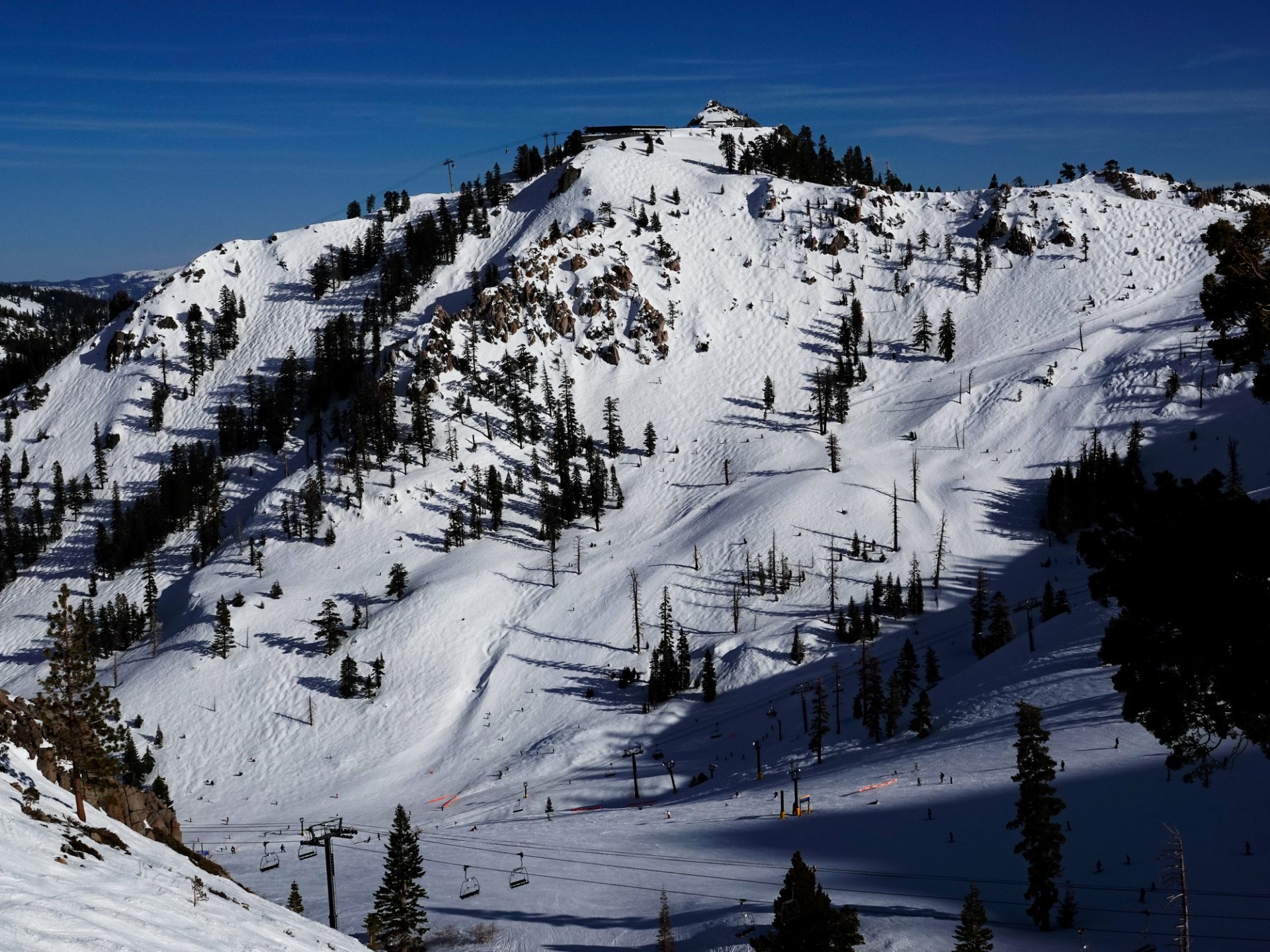 Peaks and snow covered terrain at Palisades Tahoe Ski Resort in California